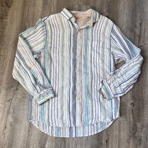 Tommy Bahama Mens M Linen Shirt Blue Green Striped Button Up Long Sleeve Casual